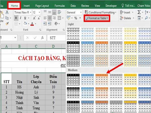 Hướng dẫn tạo bảng trong Excel bằng Format as Table